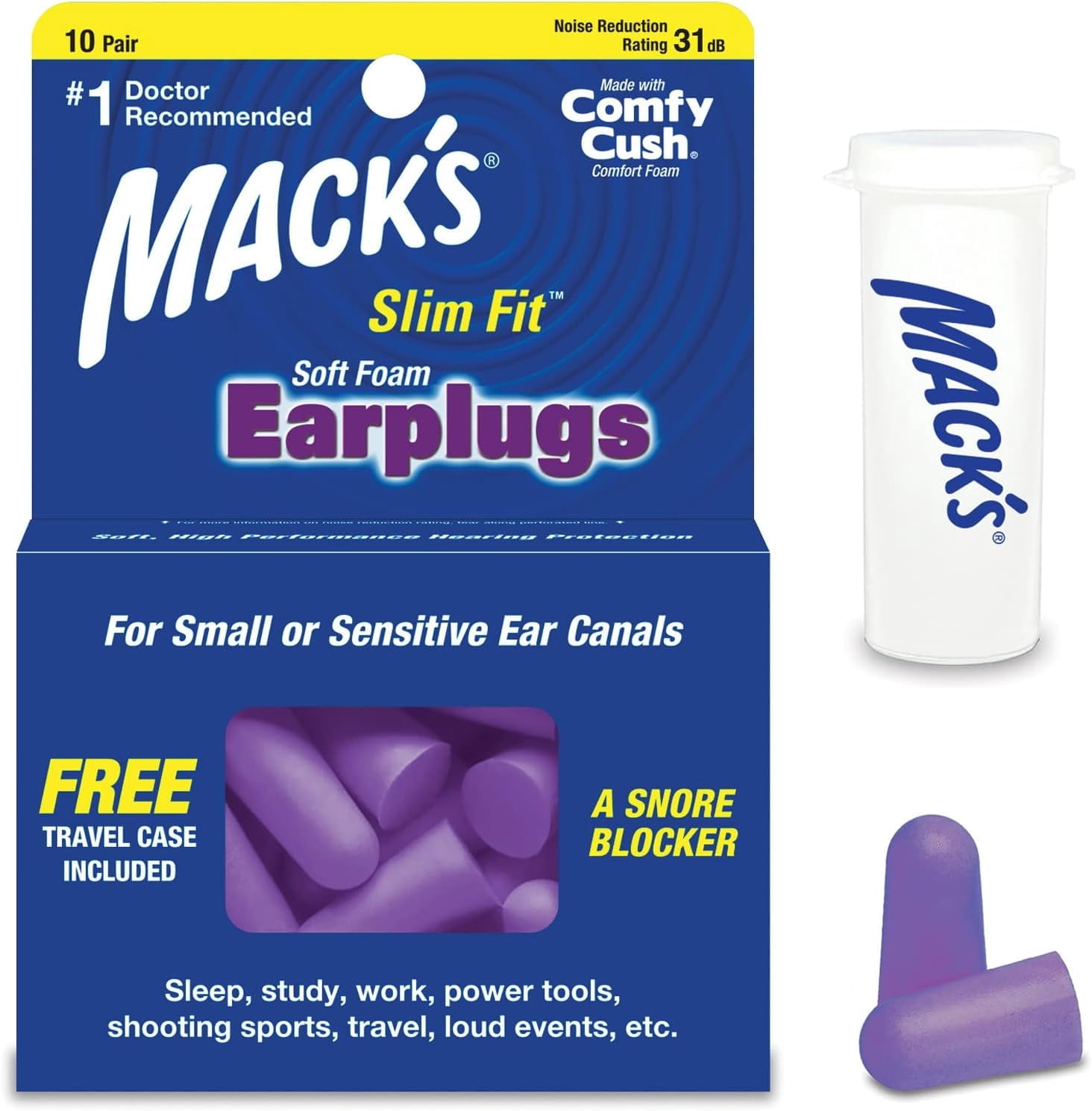 Mack's Ultra Soft Foam Earplugs - 32dB Highest NRR, 12 Pair For Sleeping, Snoring, Travel & Noise