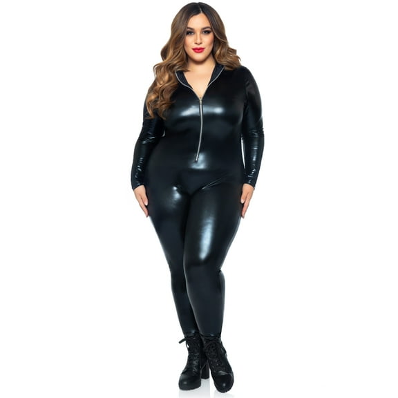 Leg Avenue Wet Look Faux Leather Zipper Front Cat suit Women's Halloween Fancy-Dress Costume for Adult, Plus Size