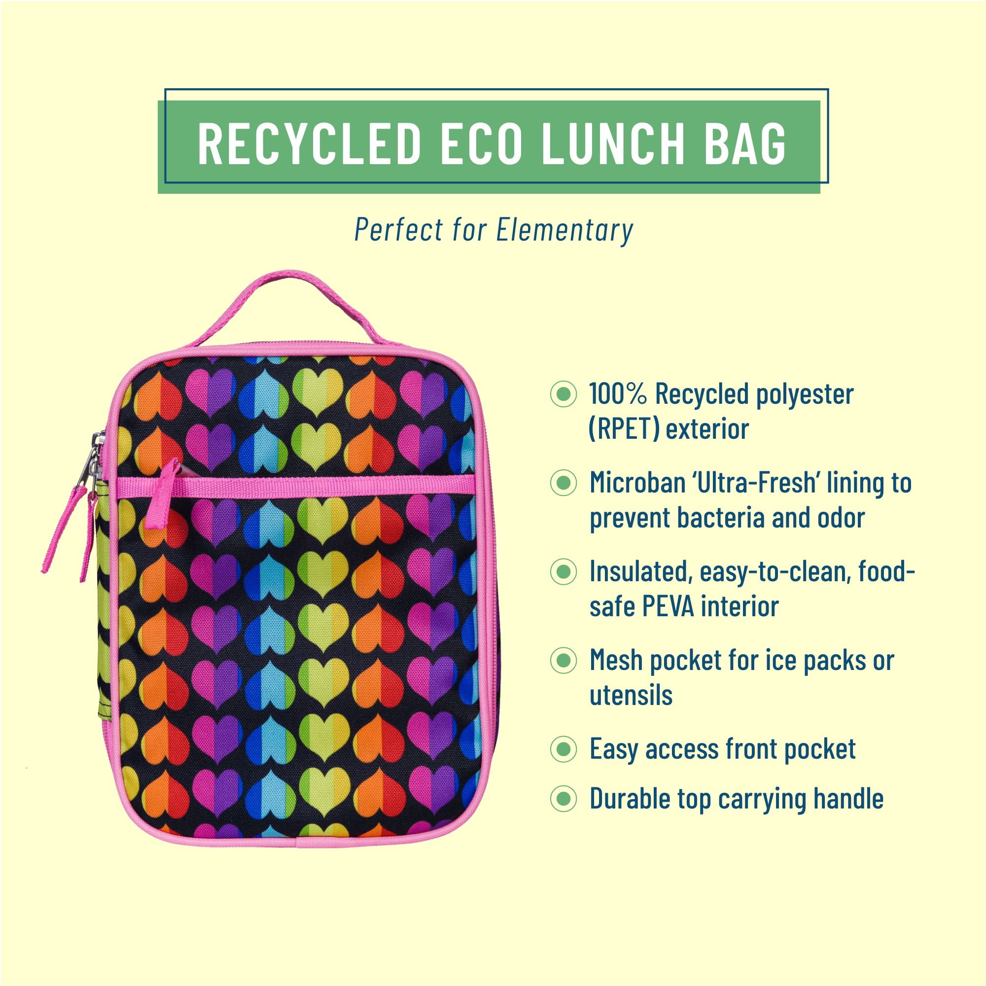 Wildkin Kids Recycled Eco Lunch Bag for Boys and Girls (Rainbow Hearts)