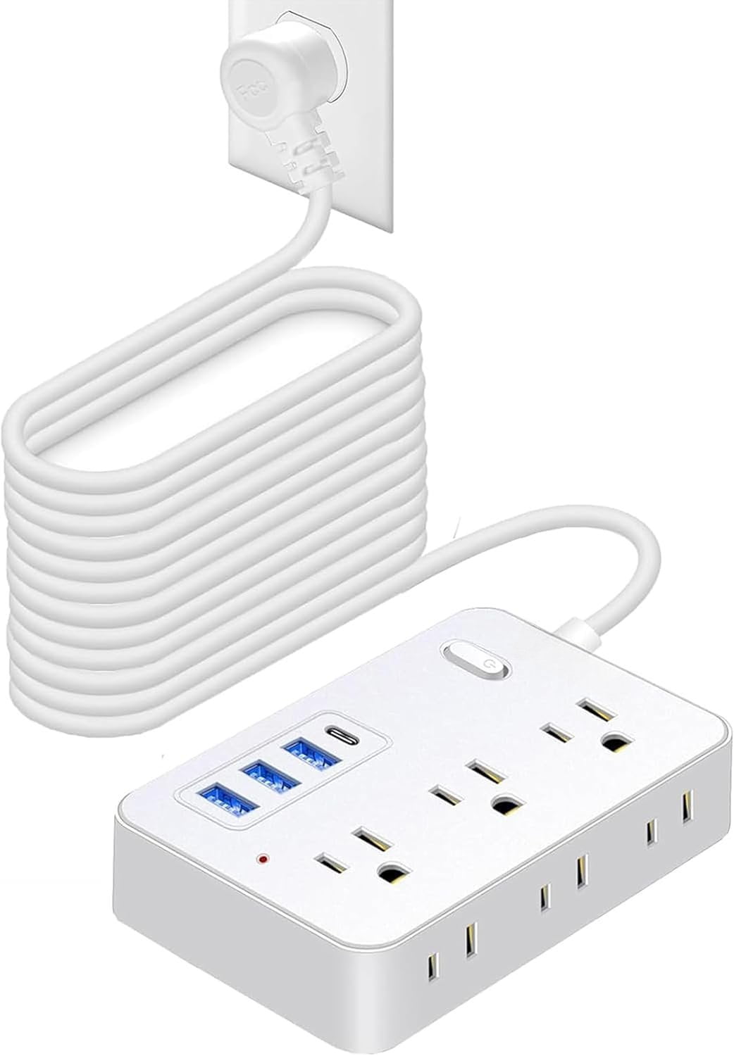 15 FT Extension Cord with Multiple Outlets,  15 ft Surge Protector Power Strip with 6 Outlets with 4  Ports(1  C),Flat Plug with Long Cord 1700 Joules Protection for  Office White