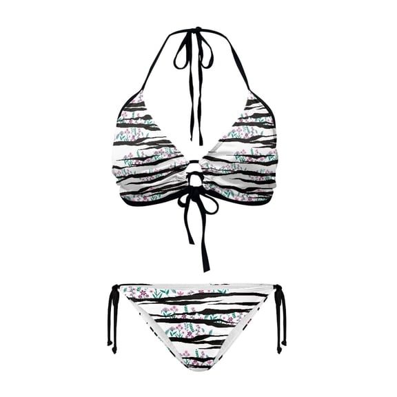 Uourmeti Women's Halter Triangle Bikini Set - Zebra Stripe & Wildflower Print - Sexy Tie Side Two Piece Swimwear for Beach Vacation & Pool Party