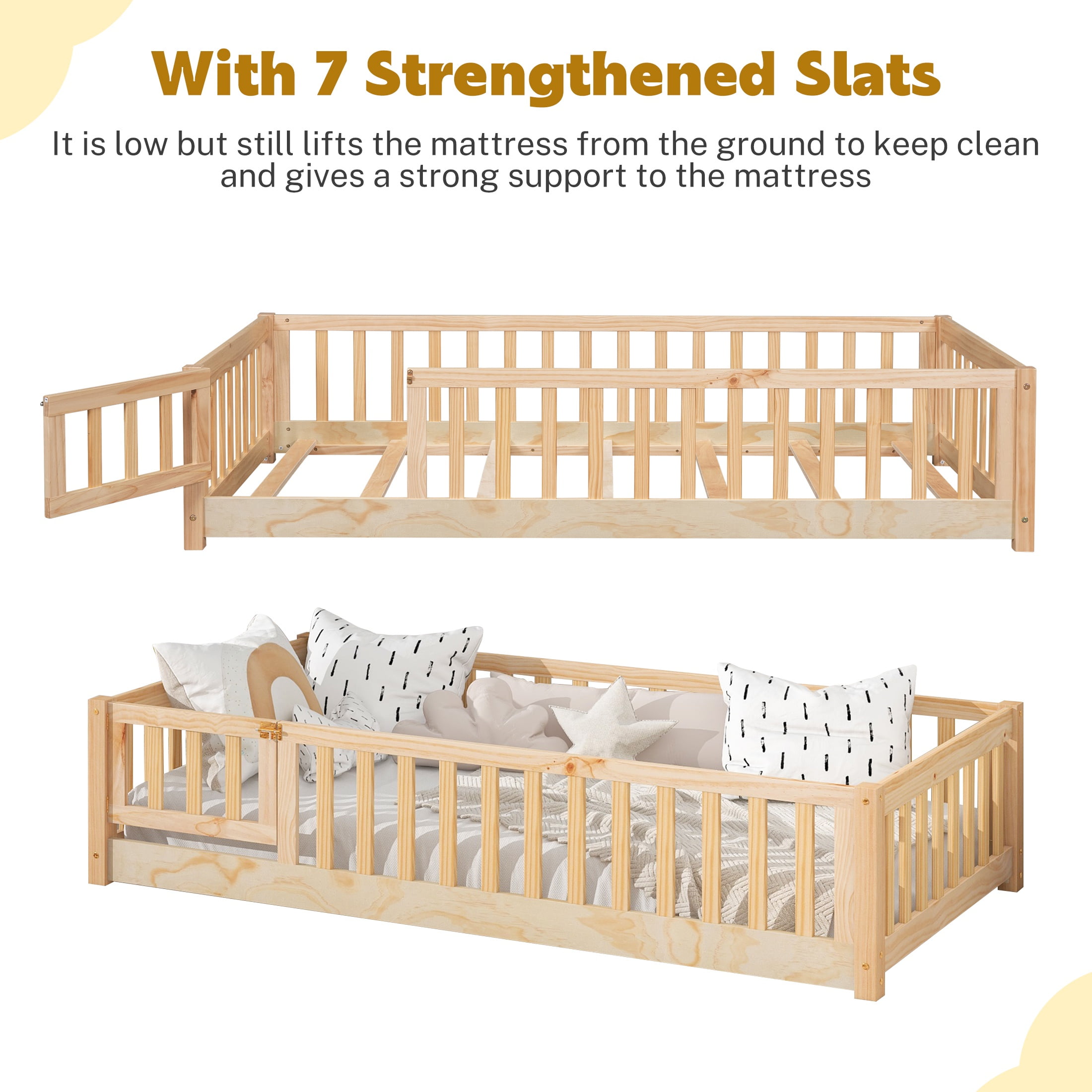 PAPROOS Twin Size Floor Bed, Solid Wood Toddler Bed with Slat, Fence Guardrail and Door, No Box Spri(图2) PAPROOS Twin Size Floor Bed, Solid Wood Toddler Bed with Slat, Fence Guardrail and Door, No Box Spri(图2)