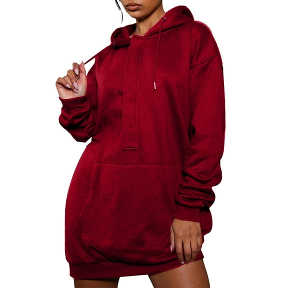 Oversized Hoodie Sweatshirts Mini Dress for Women with Pocket Plain Pullover Drawstring Hooded Long Sleeve Tops (X-Large, Wine)