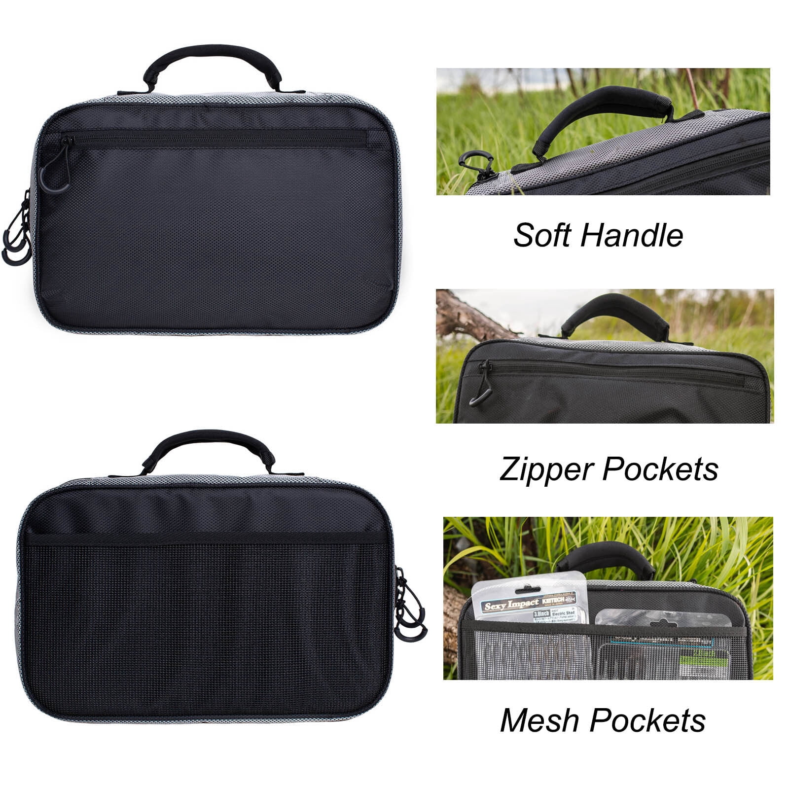Kylebooker Soft Plastic Bait Storage Bag 6 Soft Bait Binder Compartments Water-Resistant Tackle Binder Organize for Lines, Hooks, Sinkers（Black）