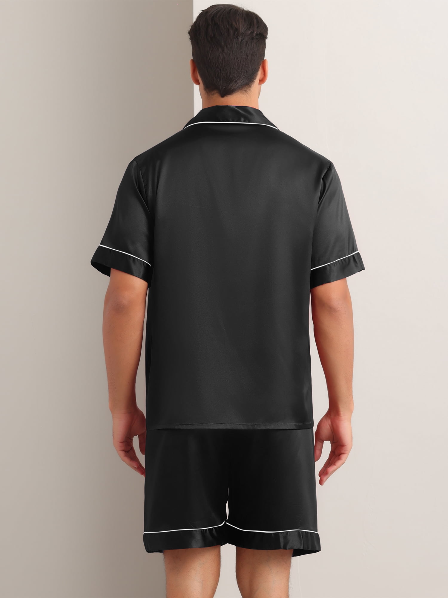 DARING DIVA Men's 2-Piece Satin Short Sleeve Nightwear Shorts Pajamas Set M Black