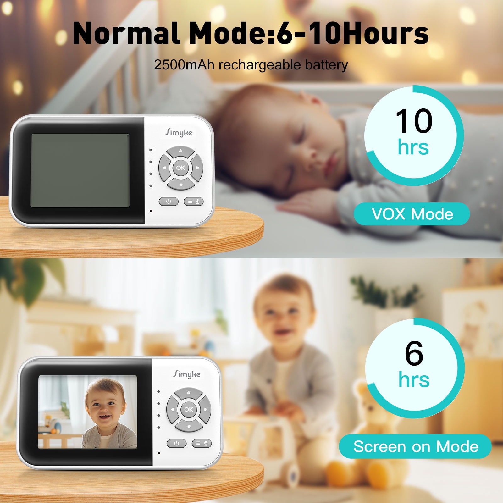 Simyke WiFi Video Baby Monitor, 2.8" LCD & App Viewing, 2-Way Audio, Night Vision, VOX, 5 Lullabies, Supports 4 Cameras, 1200ft Range, Home Use