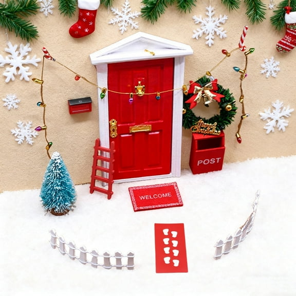 Dserfhy 11Pcs Doll Houses Miniature Christmas Decor Set Plastic Tree Lights Wreath Mailbox Fairy Doors DIY Scene Kit Red Themed Accessories for 1:12 Scale Models