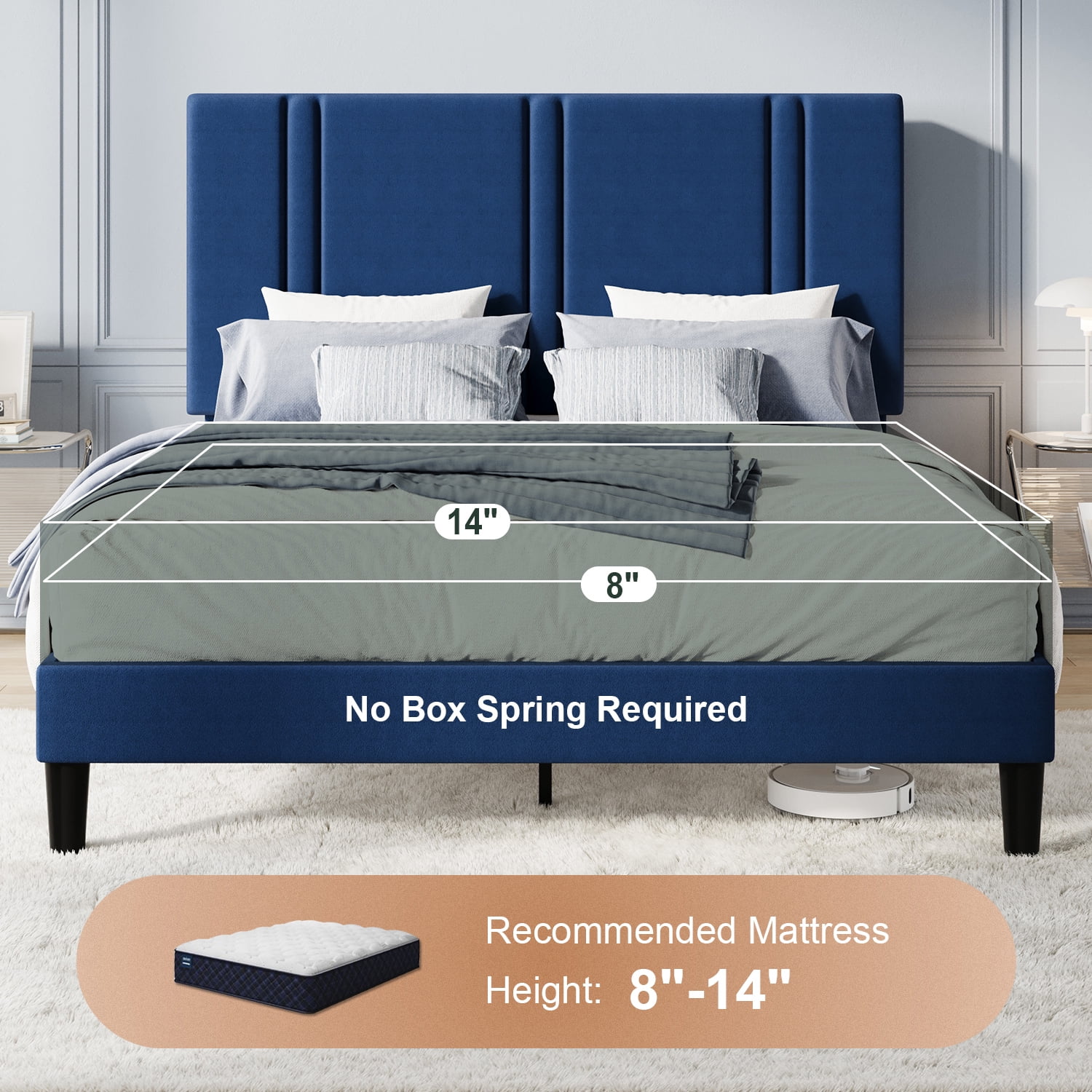 Amolife Full Bed Frame, Platform Bed with Upholstered Velvet Adjustable Headboard, Wooden Slats, Easy Assembly, Blue