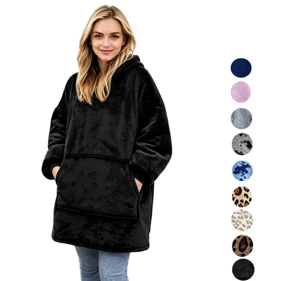 Wearable Blanket Hoodies for Women Men with Pocket, Adult Fuzzy Blanket Hoodies, Soft and Warm Sherpa Oversized Sweatshirt Blanket, Cute Birthday Gifts, Black