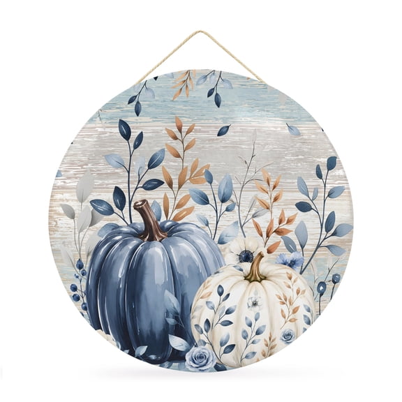 Welcome Sign Front Door Decorations, Navy Blue Pumpkins Fall Round Wall Art Outdoor Metal Wreaths, Thanksgiving Wooden Eucalyptus Leaves Seasonal Hanging Sign for Home Porch Decor Warming Gift 12 In
