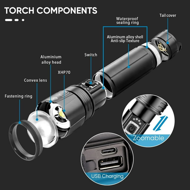 Rechargeable LED Flashlight High Lumens, Zacro 100000 Lumen Super Bright  Flashlight with 7 Modes and COB Sidelight, LED Waterproof Handheld  Flashlight for Emergencies, Camping, Home 