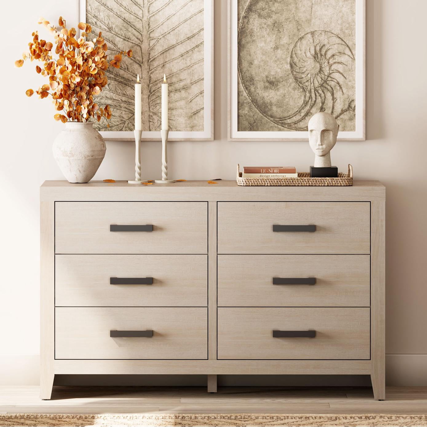 WAMPAT Farmhouse Dresser for Bedroom, 53 Inch Farmhouse Wood Storage Cabinet with 6 Drawers, Rustic Chest of Drawers for Living Room & Hallway