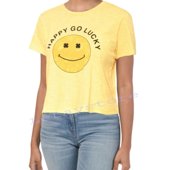 Lucky Brand Women's Smile Emoji Lucky Graphic Print Soft Cotton Crop T-Shirt Top