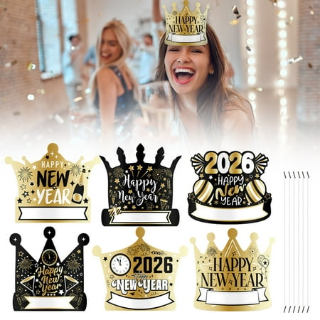 HomelyJoy 2026 New Year Crowns Black Gold Adjustable Headbands Party Hats boys Adults Holiday Celebration