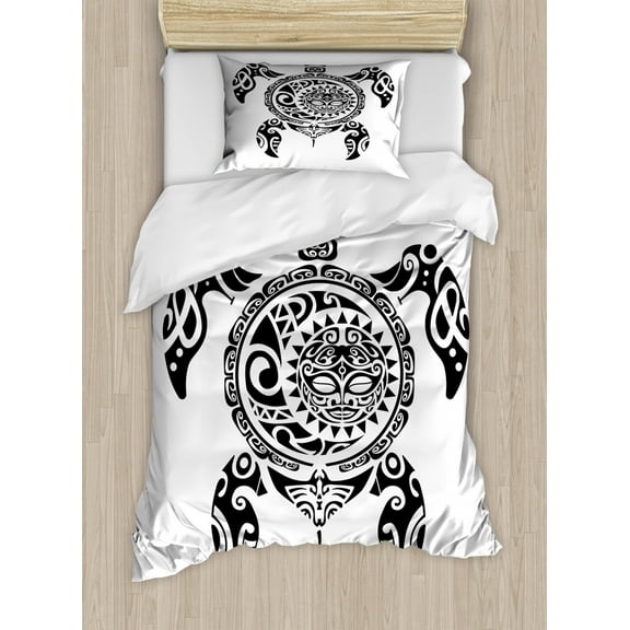 Turtle Duvet Cover Set Twin Size, Tribal Hawaiian Pattern Tropic Maori Style Tattoo Design with Spiritual Figures, Decorative 2 Piece Bedding Set with 1 Pillow Sham, Black White, by Ambesonne