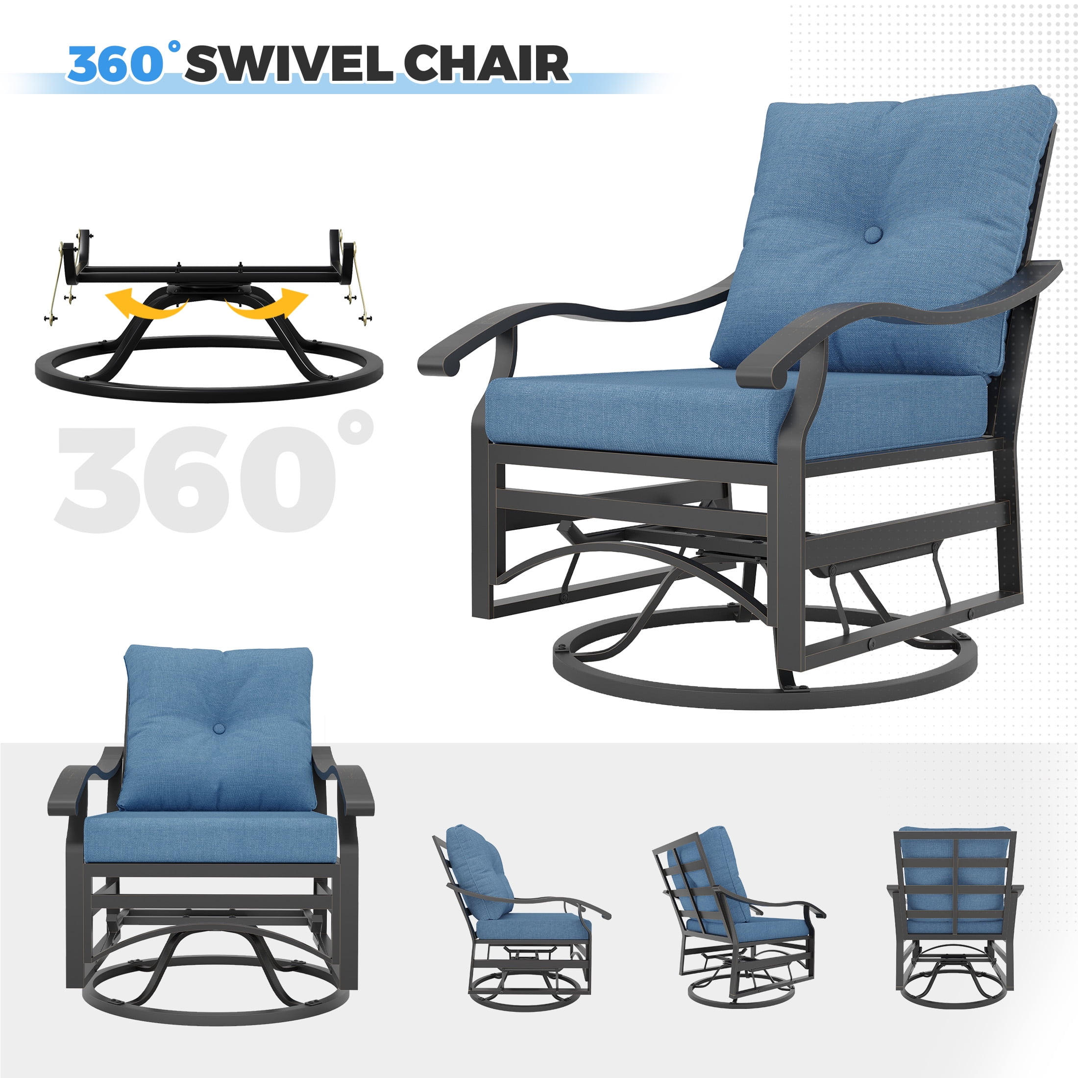 POTEBAN Outdoor Swivel Rocker Chairs, 3 Piece Metal Patio Rocking Chairs with Padded Cushions Patio Bistro Furniture Set with Side Table for Porch Balcony Backyard, Blue