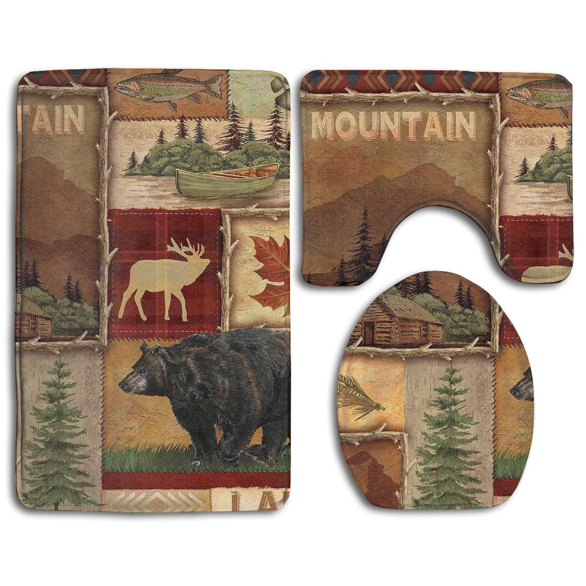 CHAPLLE Rustic Lodge Bear Moose Deer 3 Piece Bathroom Rugs Set Bath Rug