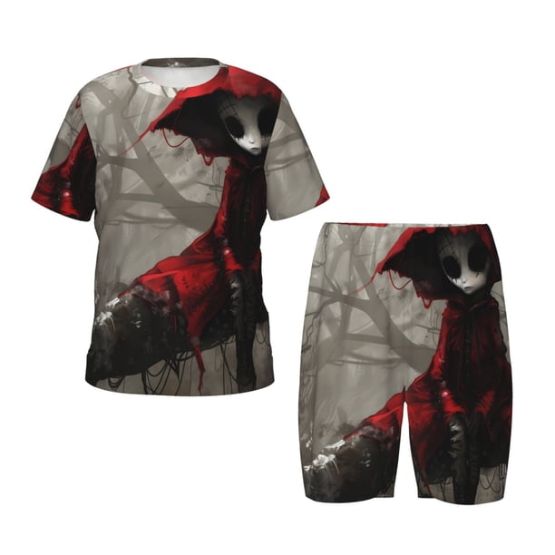 Balery Dark Red Hooded Girl Conjunto de Pijama Infantil de Manga Corta con Estampado – Ropa de Dormir de Algodón Suave-XX-Large