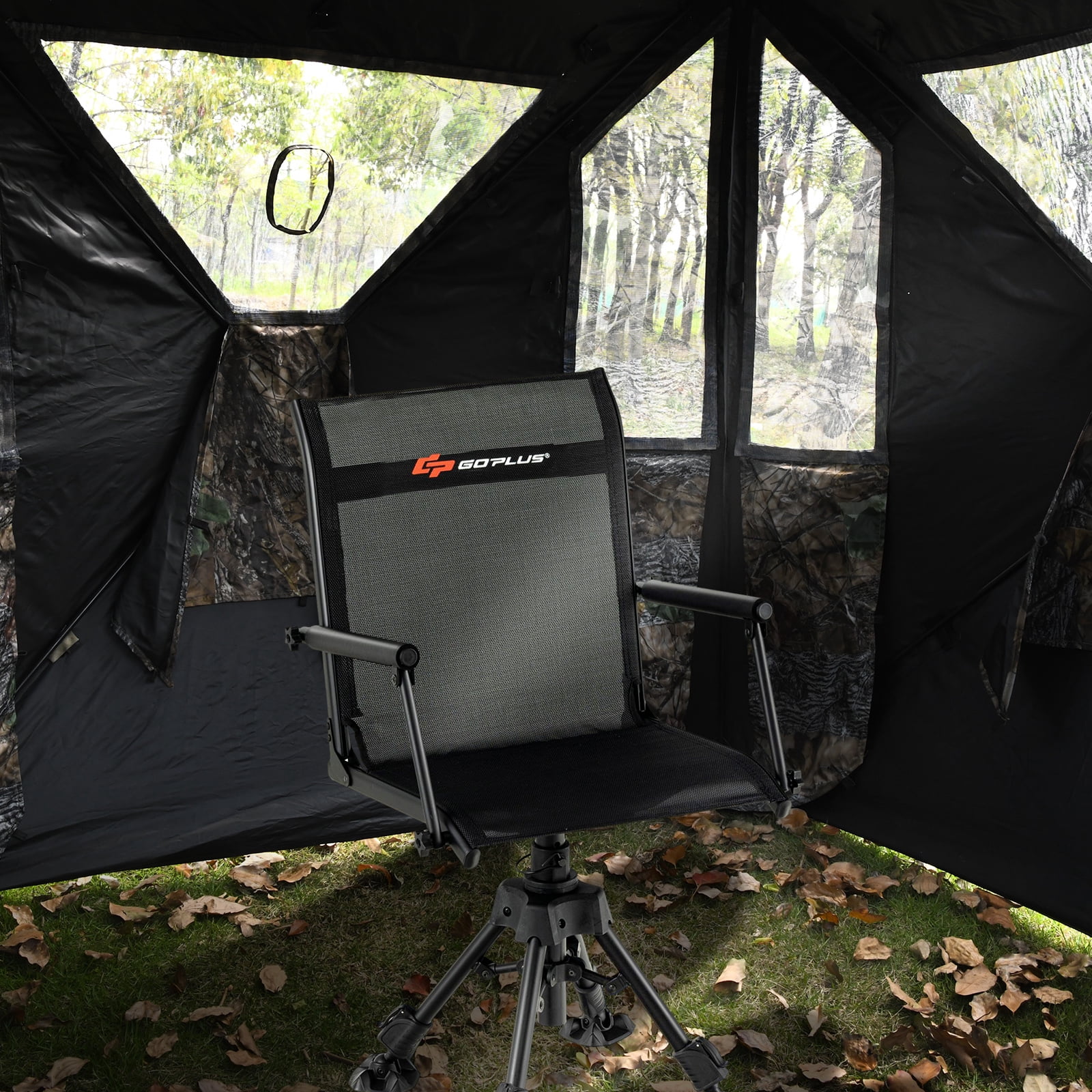 Topbuy 360° Swivel Blind Hunting Chair, Foldable & Portable Hunting Chair W/ Oversized Duck Feet Padded Armrests Mesh Back&Height Adjustable