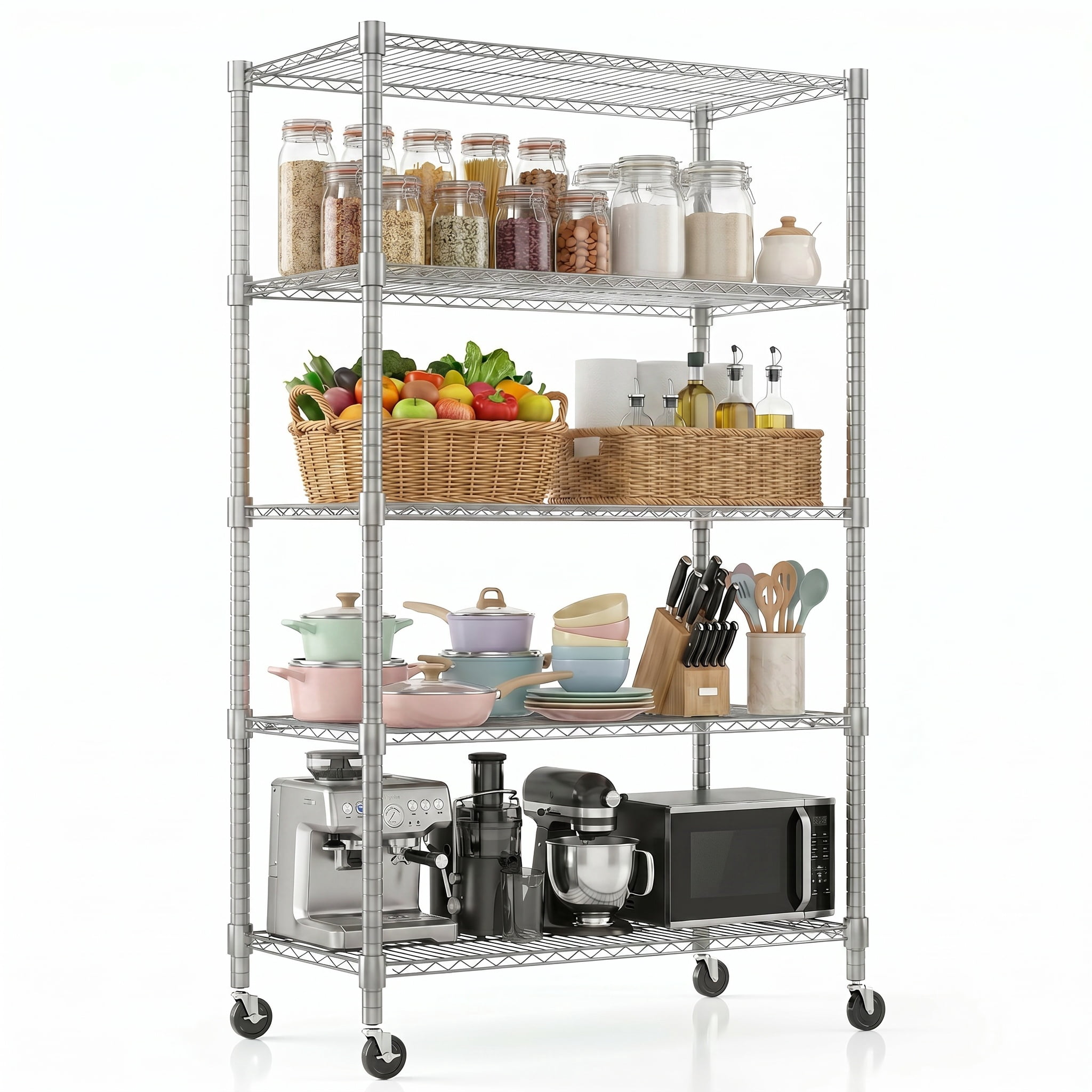 Legooin 18x36x82 inch Metal Wire Shelving Unit 5-Tier Storage Rack with Wheels Utility Shelf for Home Industrial Storage 2000lbs Load Capacity, Silver