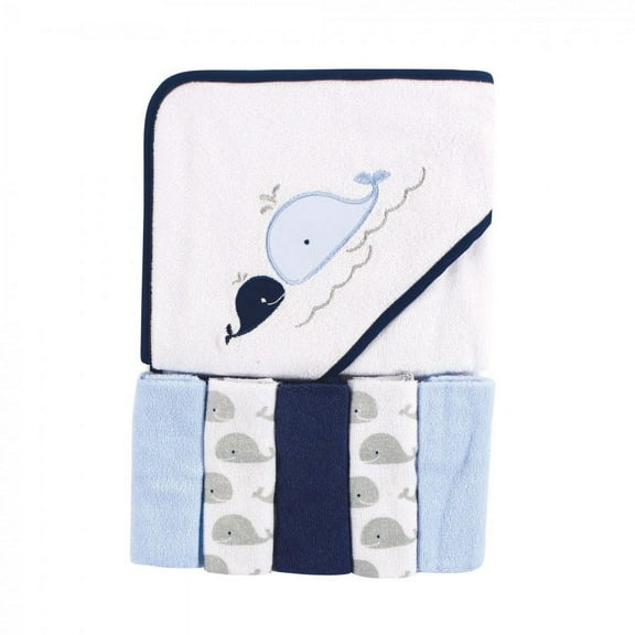 Luvable Friends Baby Boy Hooded Towel with Five Washcloths, Whale, One Size