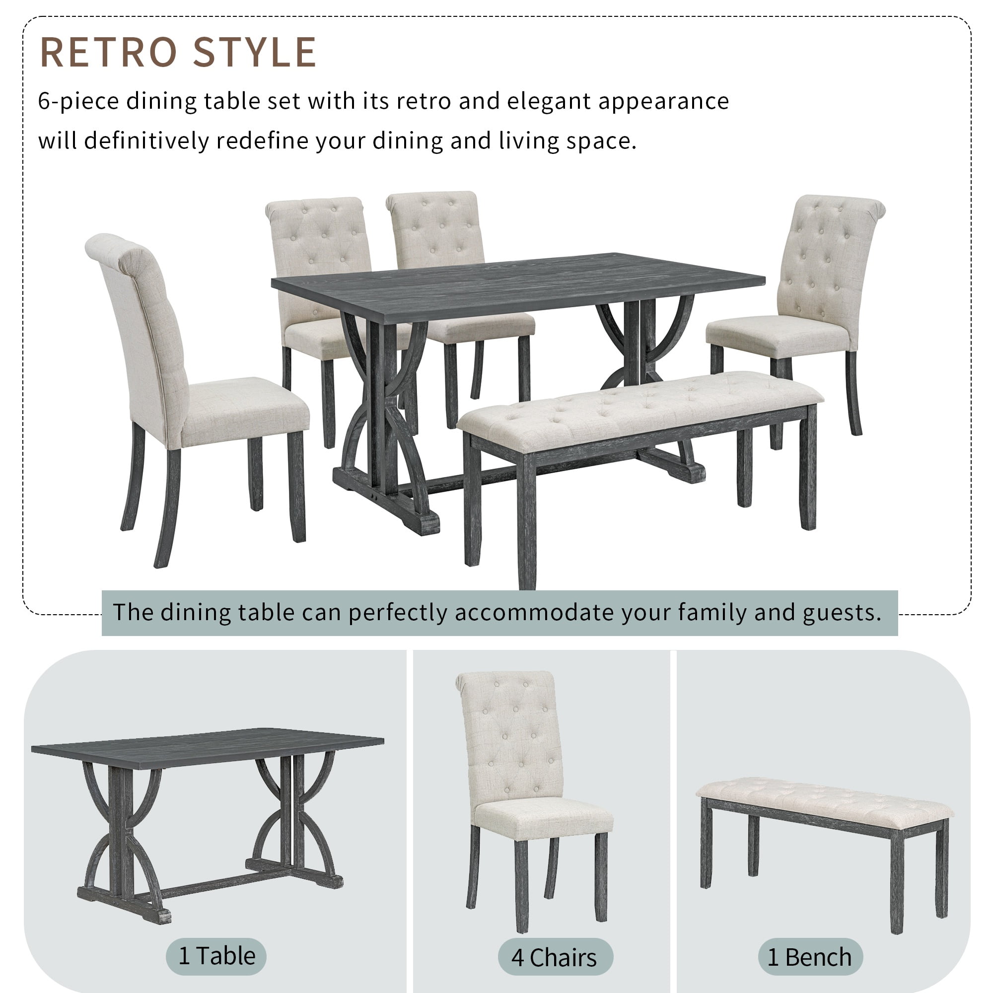 Bellemave 6 Piece Kitchen Dining Table Set, Rectangular Table with 4 Upholstered Chairs and a Bench, Wood Dining Room Table Set for 6 People, Living Room Furniture（Gray Wash）