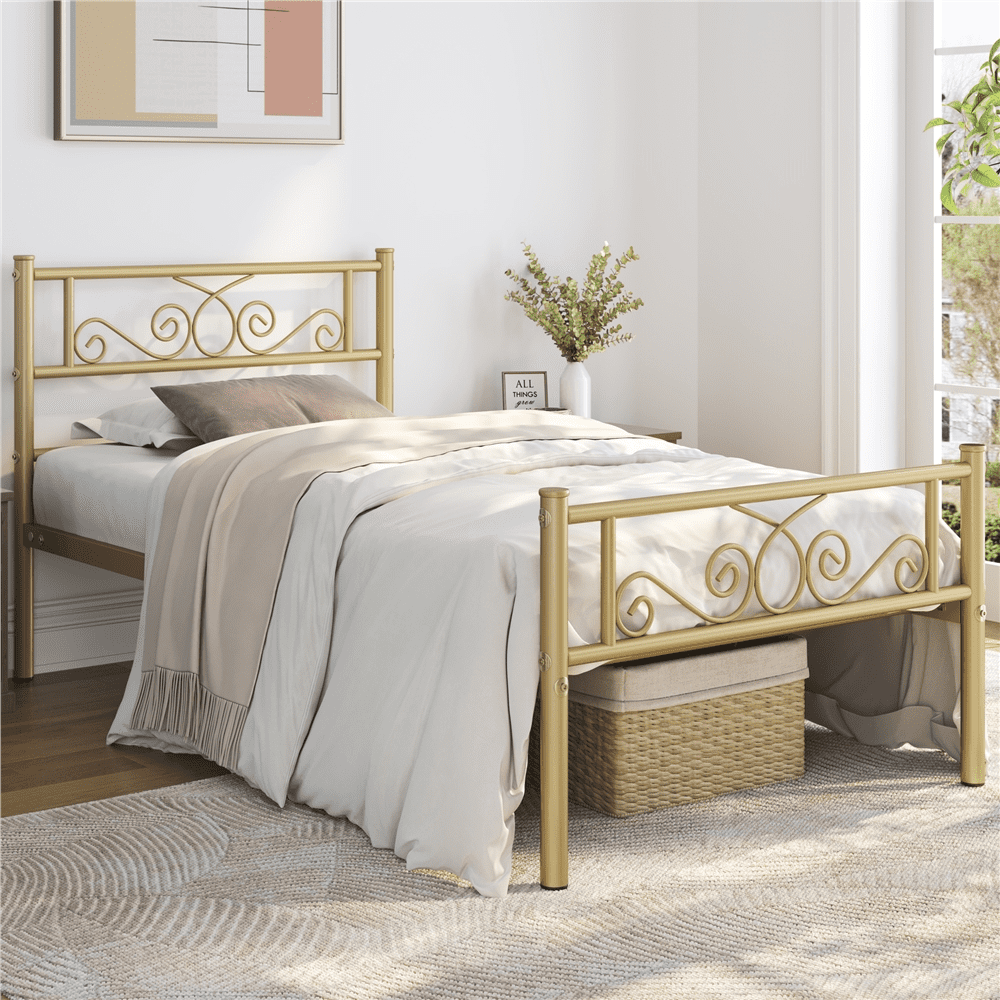 Renwick Jocelyn Modern Scroll Metal Platform Twin Bed, Antique Gold