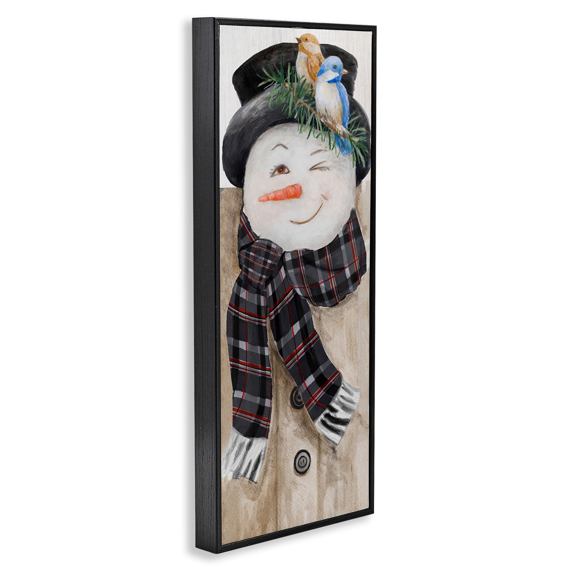 Stupell Industries Snowman Wink Winter Birds Rustic Plaid Scarf Fairy Tales & Fantasy Painting White Framed Art Print Wall Art, 10 x 24