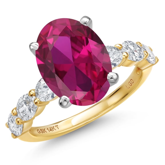 Gem Stone King 14K Two Tone Gold Red Created Ruby and Lab Grown Diamond Engagement Ring for Women | 5.90 Cttw | Oval 12X10MM | Gemstone July Birthstone | Size 8