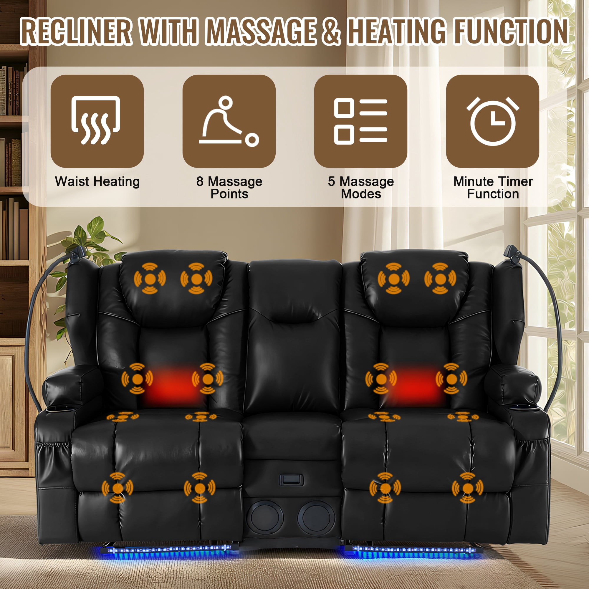 ROOMARK Loveseat Recliner Double Recliner RV Sofa & Console | Wall Hugger Loveseat Reclining RV | RV Theater Seats | RV Couch | RV Home Theater Seating Furniture