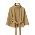 thumbnail image 3 of Ponchos con Mangas de Murciélago para Mujer, Abrigo de Lana con Cuello Alto y Cinturón, Chaqueta Corta de Invierno Caqui S, 3 of 6