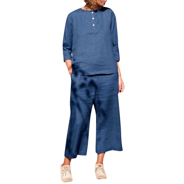 Gibobby Conjunto de sudadera informal para mujer Mujer Casual Color sólido Algodón Lino Cuello redondo Manga larga Botón Top Pantalones Conjunto(Azul,XL)