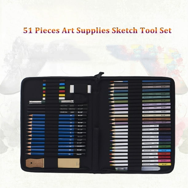 H & B 51 pièces/ensemble Kit de dessin professionnel crayon en bois crayons  à croquis Art croquis peinture fournitures avec sac de transport 