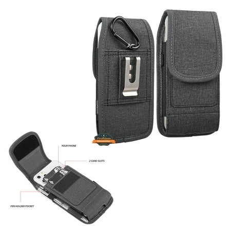 For Samsung Galaxy Z Flip 3 5G Universal Vertical Fabric Case Holster with Dual Credit Card Slots, Belt Loop & Carabiner Carrying Phone Pouch - Black