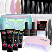 Nail Tips and Glue Gel Lazy Girl Polygel Nail Kit - 3 in 1 Nail Glue and Base Coat, Coffin Nail Tips with UV Lamp - All-in-One Polygel Kit