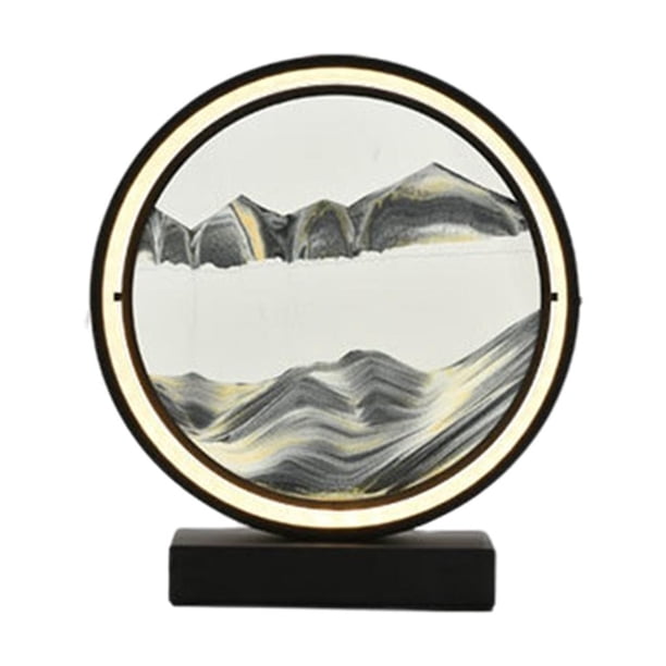 Lámpara de mesa de arenas movedizas, cuadro artístico de arenas móviles dinámicas, reloj de arena redondo, paisaje de arena Negro Negro Blanco