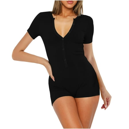 Abomasnow Women s Sexy Short Sleeve Shorts Yoga Rompers One Piece V Neck Button Down Ribbed Bodycon Bodysuit Jumpsuits on Sale Clearance 2025