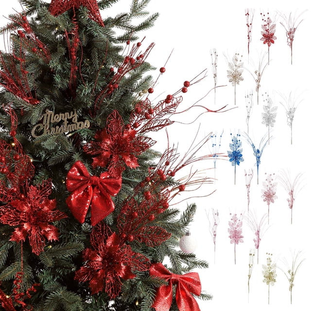 Adorno Navideño de Flores con Polvo Dorado Artificial | Accesorios para Cortar Bayas y Flores de Árbol de Navidad | Material: Plástico Azul | 3 Adornos de Plástico | Tamaño: 48 X 5 X 5 Cm | Decoració