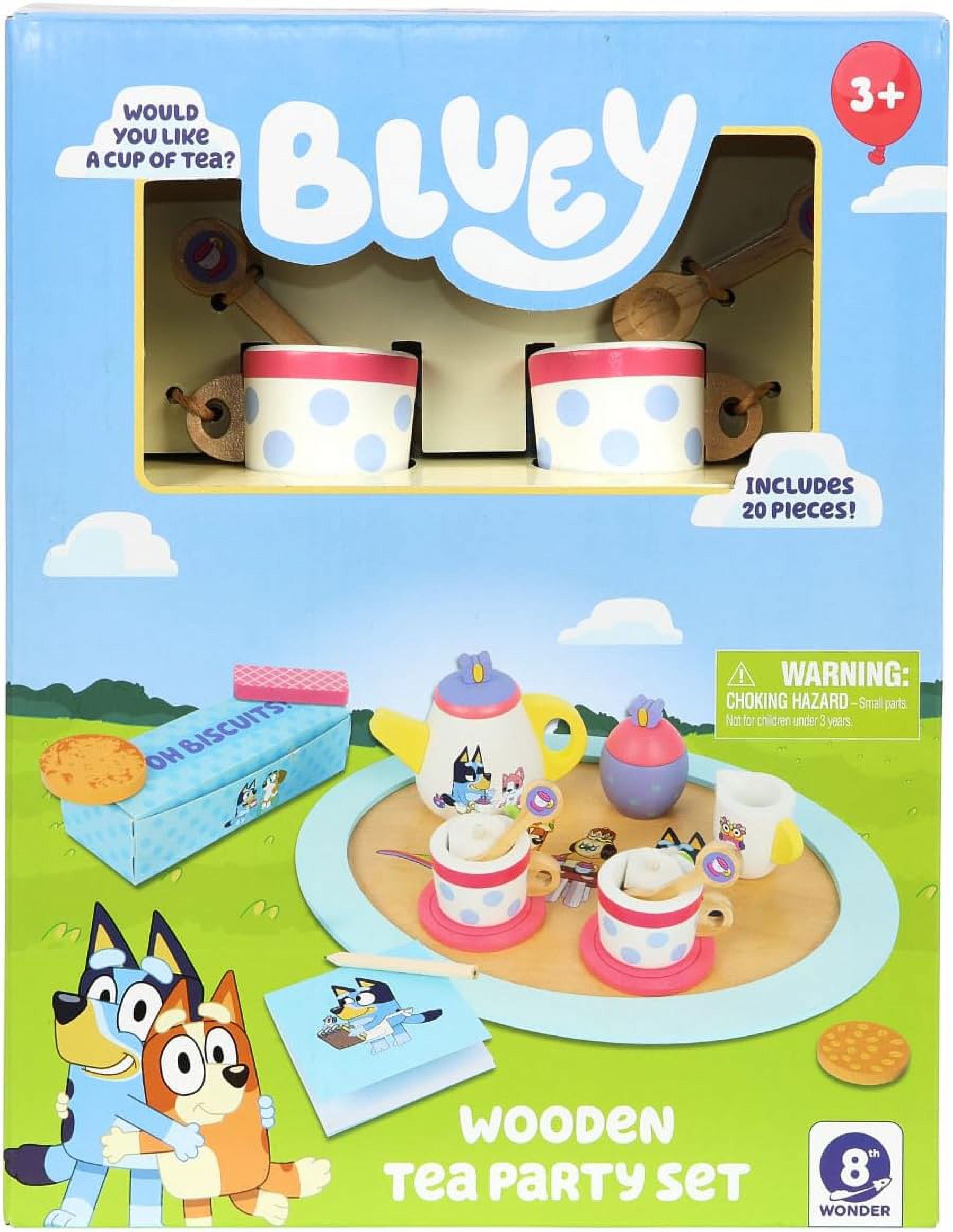 Bluey Tea Party Set, Wooden 20-Piece Pretend Play Set with Tray, Teapot, Tea Cups, Biscuits, Ages 3+