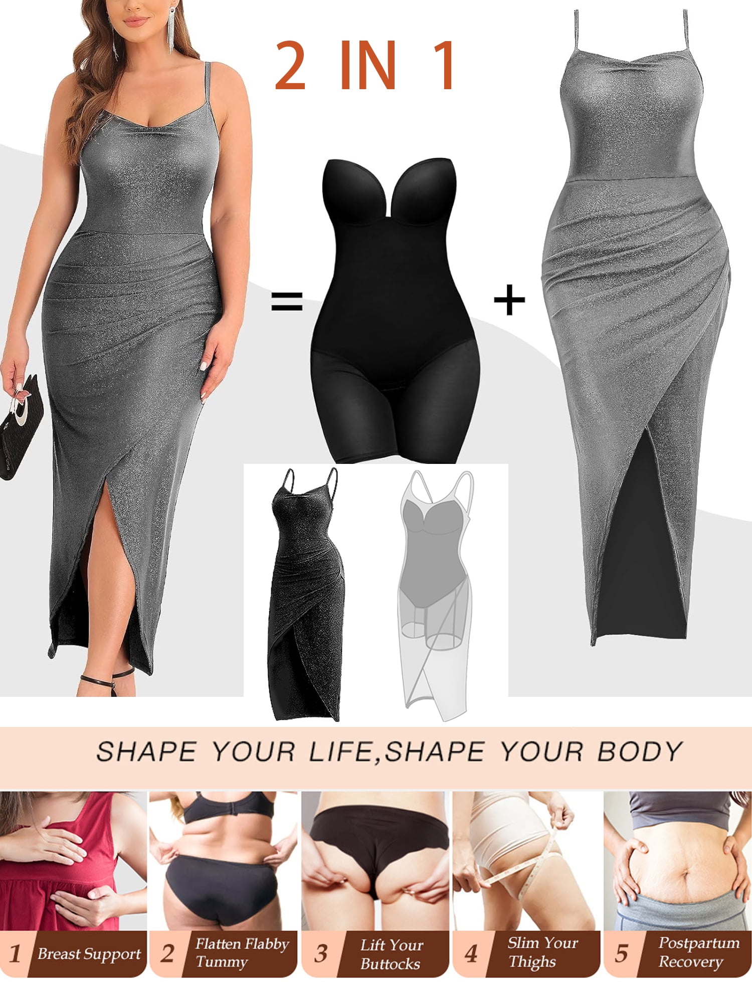 Sveltors Women's Glitter Bodycon Maxi Dress Tummy Control Full Slip Body  Shape Shapewear Dress Adjust Spaghetti Strap 