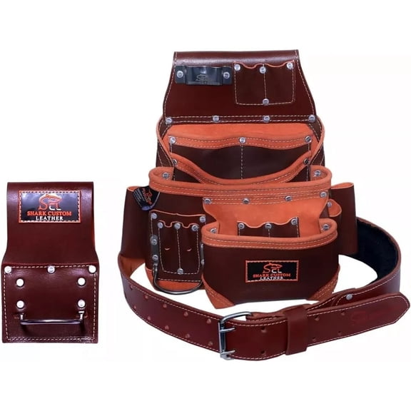 Leather Tool Belt with 14 Pockets, Heavy Duty Multi Purpose Tool Belt with Pouchs for Electricians, Carpenters, Construction & DIY Projects