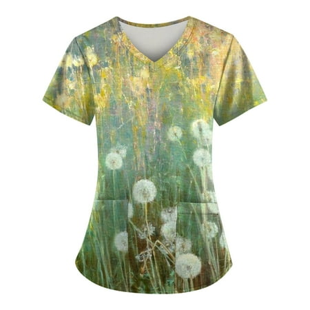 

Knosfe Short Sleeve Black Scrub Top Floral V Neck Womens Scrub Tops Uniform Nursing Print Scrub Tops for Women with Pockets Mint Green XXL