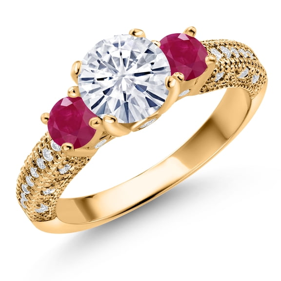 Gem Stone King 18K Yellow Gold Plated Silver White Moissanite and Red Ruby Engagement Ring for Women (1.98 Cttw, Gemstone, Round 7MM and 4MM, Size 5)