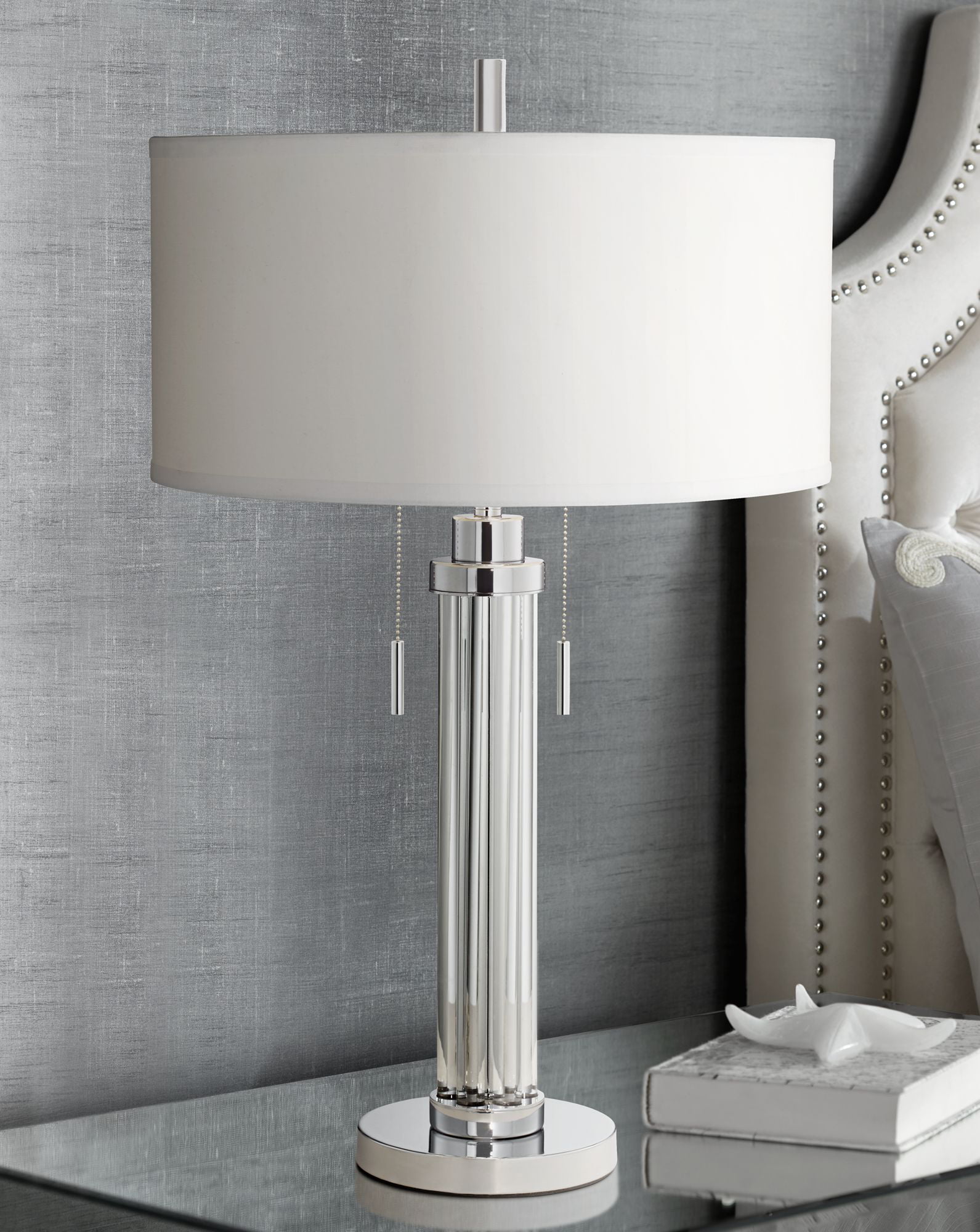 Possini Euro Design Modern Table Lamp Chrome Silver Glass Column White