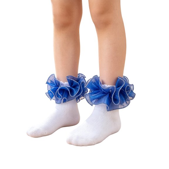 Resicozy Girls Ruffle Socks Breathable Cotton Lace Frilly Dress Sock Fashion Solid Color Stockings for Daily Wear Blue M