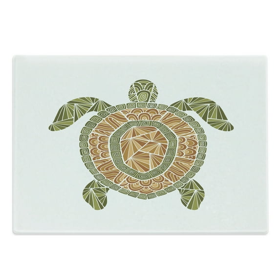 Vintage Tribal Cutting Board, Mosaic Zentangle Style Turtle Bohemian Design, Decorative Tempered Glass Cutting and Serving Board, in 3 Sizes, by Ambesonne