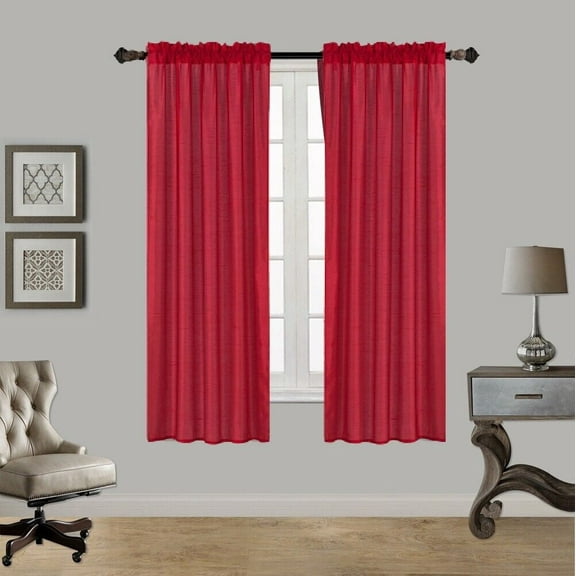 2PC MR2 RED SOLID SILK SEMI SHEER ROD POCKET WINDOW CURTAIN PANEL LIGHT FILTERING 55" W X 63" L EACH PC