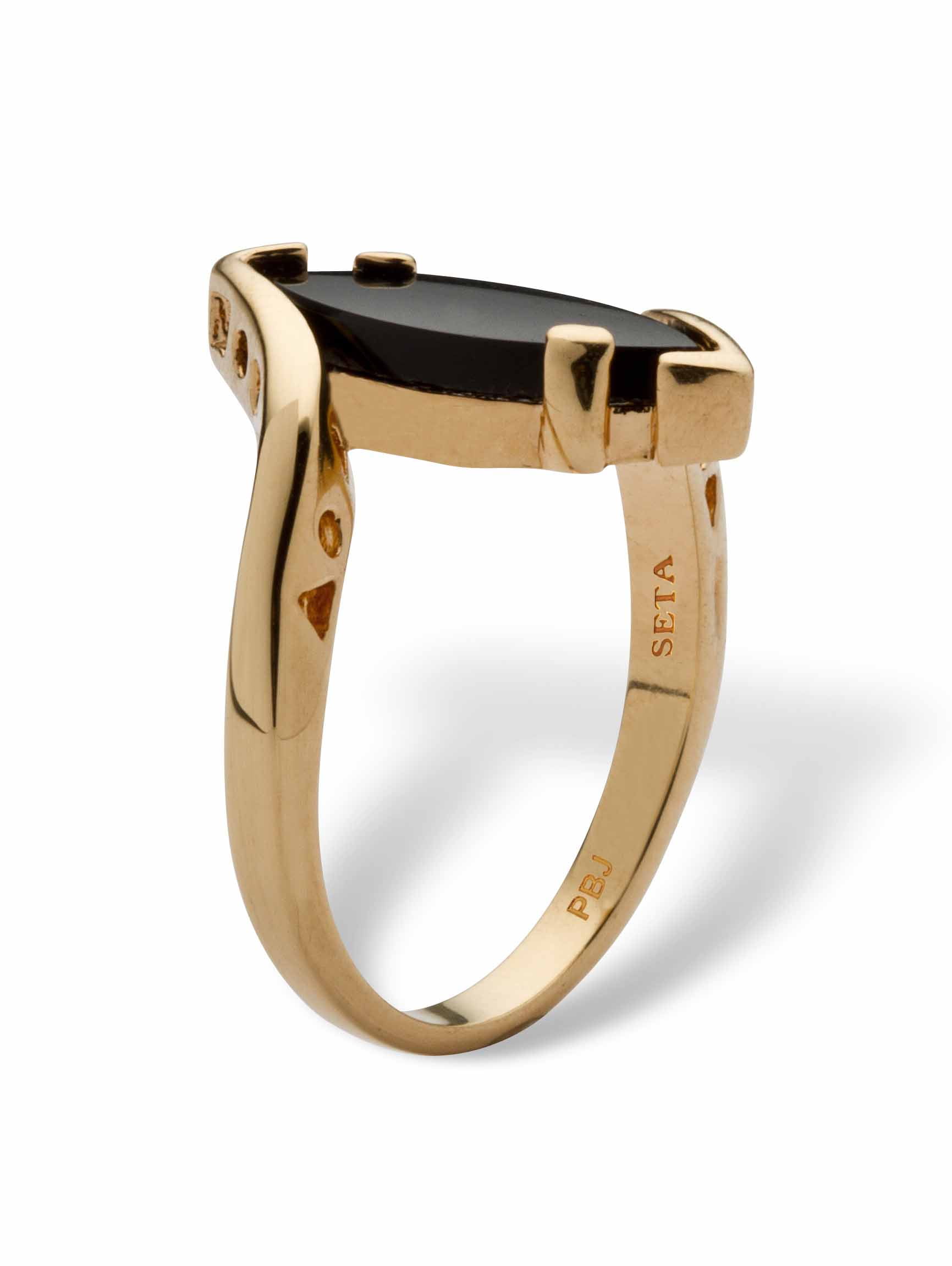 PalmBeach Jewelry Marquise Shaped Genuine Onyx 18k Yellow Gold Plated or Sterling Silver Bypass Ring