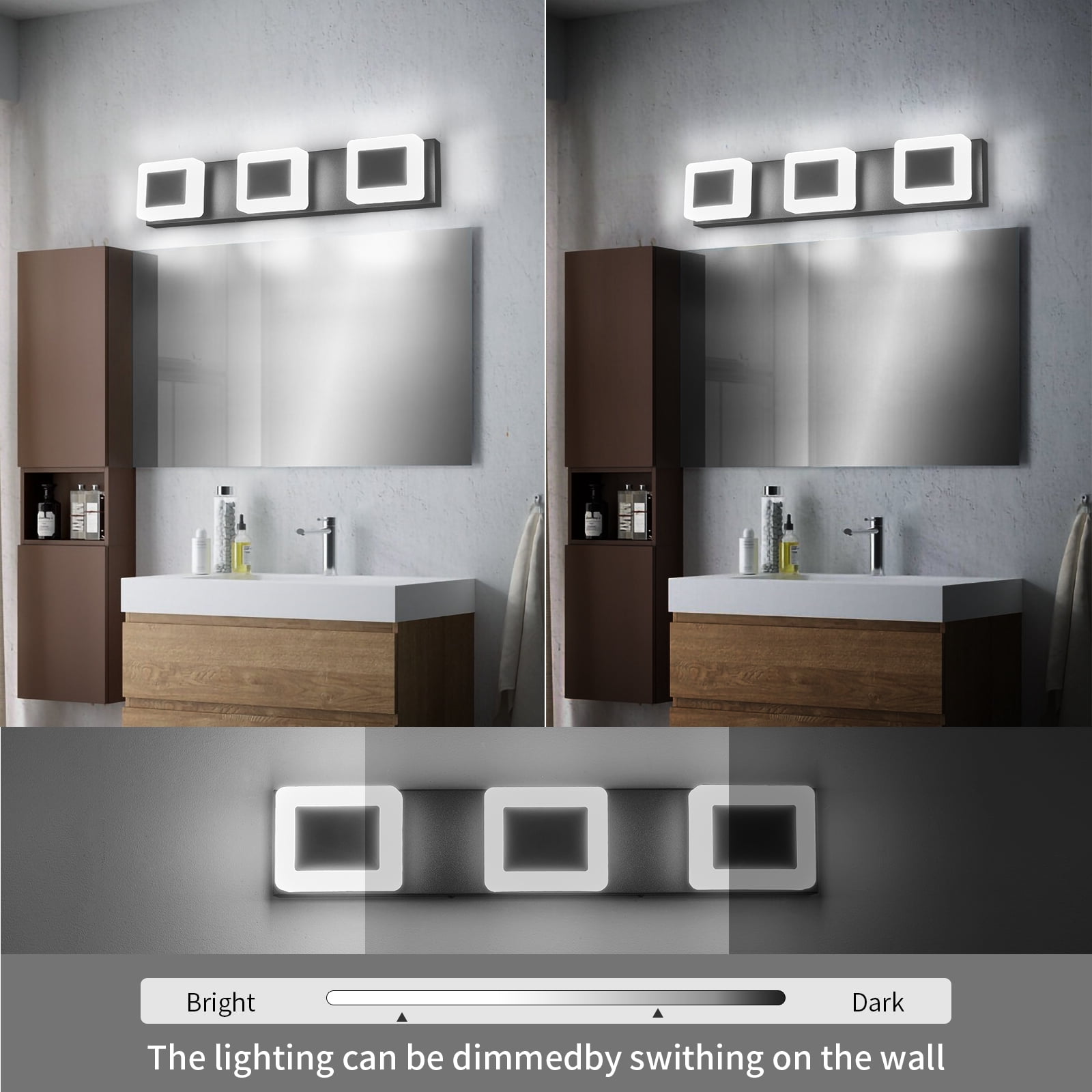 LMQNINE 3-Light Dimmable LED Bathroom Vanity Light Over Mirror,Fog and Corrosion Resistant,Modern Black Acrylic Wall Fixture