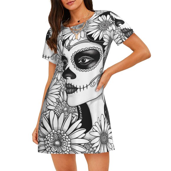 Fotbe Floral Sugar Skull Portrait Pattern Women's Cotton Nightgown Sleepwear Short Sleeves Shirt Casual Print Sleepdress